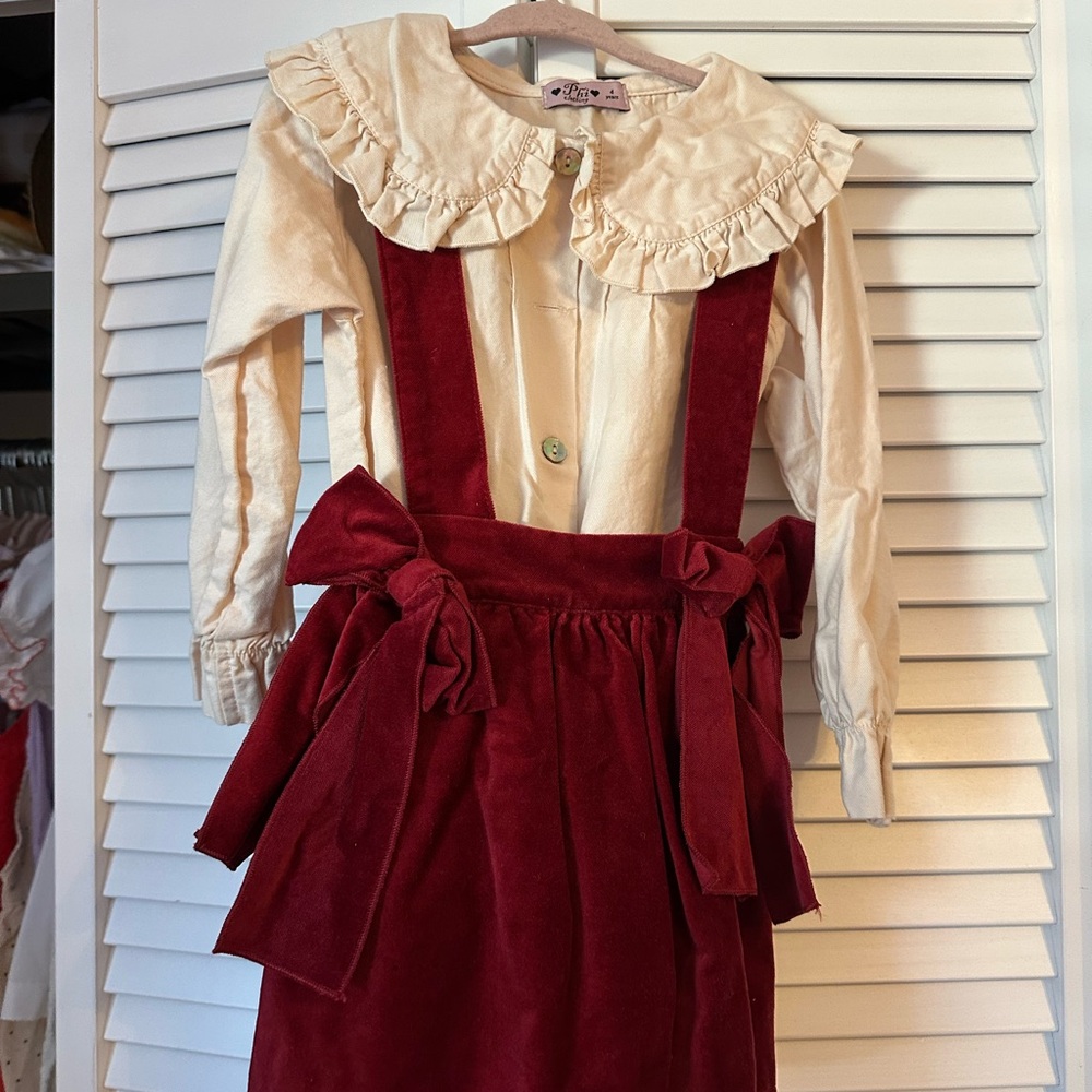Cream and Red Pinafore Dress with Ruffle Collar